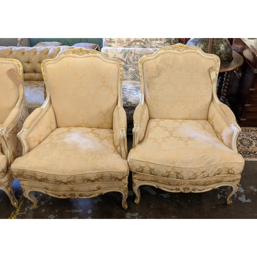 196 - BERGERES, a pair to match previous lot, each 77cm W x 100cm, gold damask with gilt and cream showfra... 