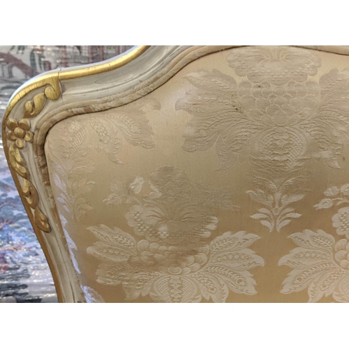 196 - BERGERES, a pair to match previous lot, each 77cm W x 100cm, gold damask with gilt and cream showfra... 