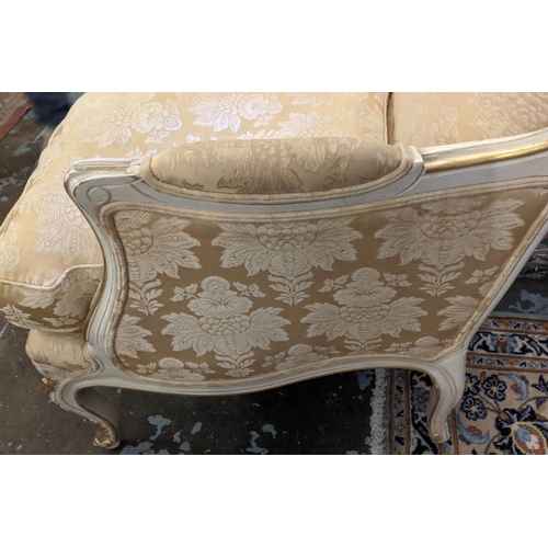 196 - BERGERES, a pair to match previous lot, each 77cm W x 100cm, gold damask with gilt and cream showfra... 