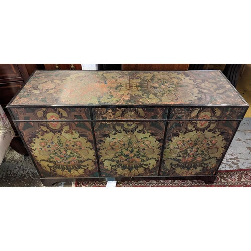 202 - TRUNK, 42cm D x 123cm W x 71cm H, the rising lid with polychrome embossed decorative leather panels.