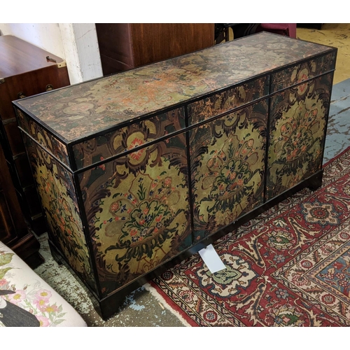 202 - TRUNK, 42cm D x 123cm W x 71cm H, the rising lid with polychrome embossed decorative leather panels.