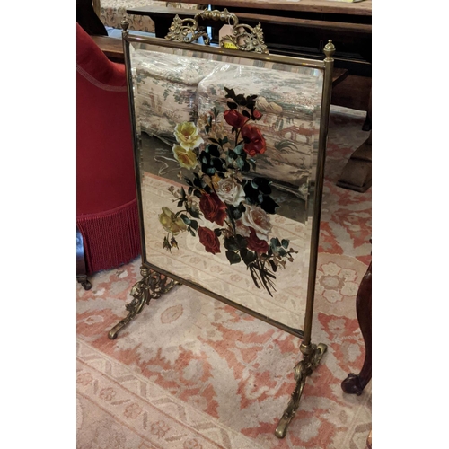 204 - FIRE SCREEN, 52cm x 86cm H, 20th century brass frame with mirrored plate with floral painted detail.