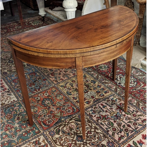 207 - DEMI LUNE CARD TABLE, 92cm x 46cm x 73cm H, George III mahogany, boxwood strung and crossbanded, cir... 