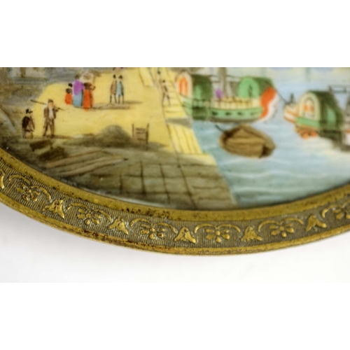 26 - MEISSEN PLAQUE, 5.5cm x 7.5cm, Continental scene, early 19th century hand painted bronze rim, marked... 