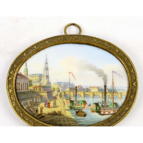 26 - MEISSEN PLAQUE, 5.5cm x 7.5cm, Continental scene, early 19th century hand painted bronze rim, marked... 