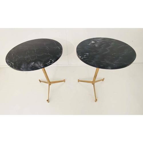 466 - SIDE TABLES, a pair, 51cm H x 40cm diam., 1950s Italian style, circular black marble tops and gilt m... 