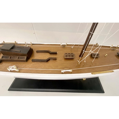 467 - SAILING BOAT MODEL, 150cm H x 150cm L x 21cm W, wooden frame, black plinth base.