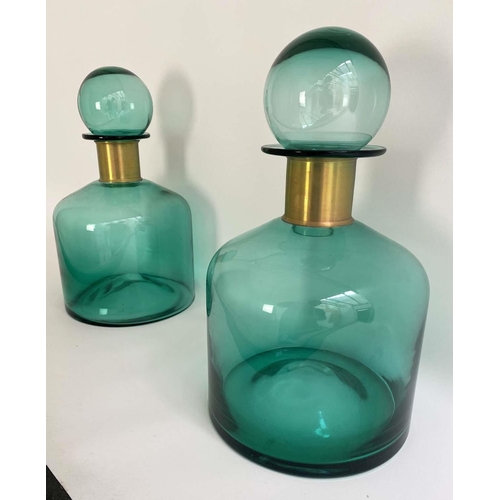 469 - DECANTERS, a pair, 38cm H x 22cm diam., Murano style green glass with gilt metal necks (2)