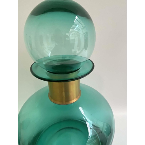 469 - DECANTERS, a pair, 38cm H x 22cm diam., Murano style green glass with gilt metal necks (2)