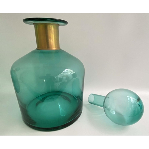 469 - DECANTERS, a pair, 38cm H x 22cm diam., Murano style green glass with gilt metal necks (2)