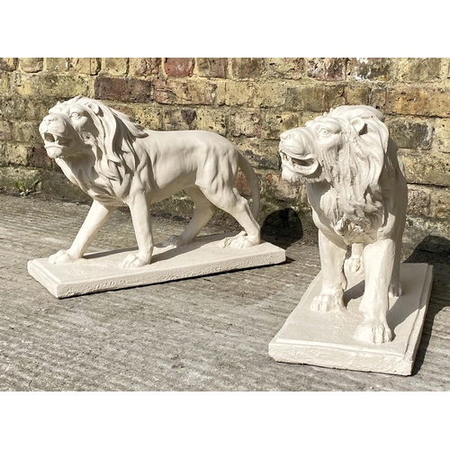 478 - CONTEMPORARY SCHOOL, sculptural roaring lions, a pair, each 42cm H x 55cm W x 22cm D, resin in a pai... 