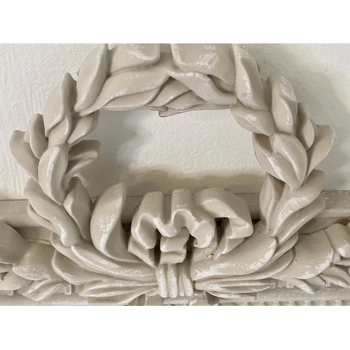 479 - OVERMANTLE WALL MIRROR, 67cm x 98cm, grey distressed frame, Italian style, with wreath crest.