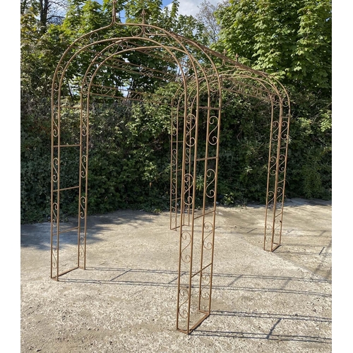 486 - ARCHITECTURAL GARDEN ARBOUR, Fleur-de-Lys decoration, aged metal finish, 240cm high, 240cm long, 145... 