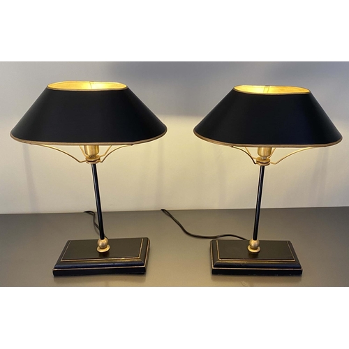 490 - TABLE LAMPS, a pair, 42cm H, Bouillotte style, black and gold. (2)