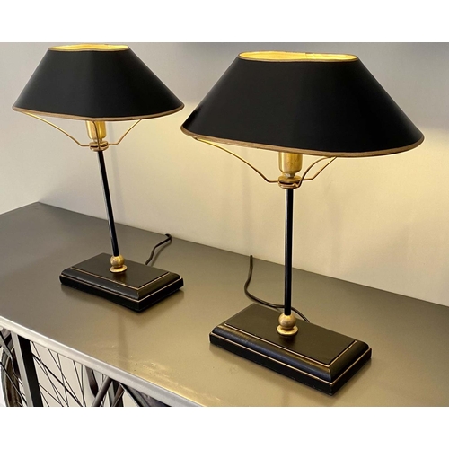 490 - TABLE LAMPS, a pair, 42cm H, Bouillotte style, black and gold. (2)