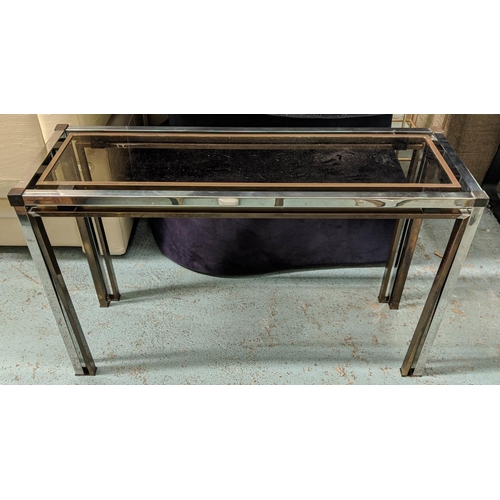 548 - CONSOLE TABLE, 120cm x 40cm x 76cm H, mid century, Romeo Rega style, glass metal and brass.