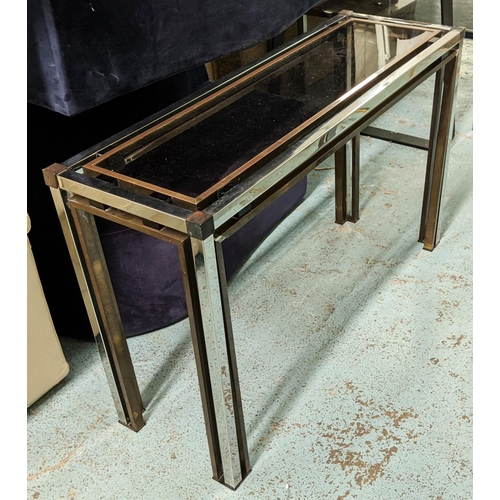 548 - CONSOLE TABLE, 120cm x 40cm x 76cm H, mid century, Romeo Rega style, glass metal and brass.