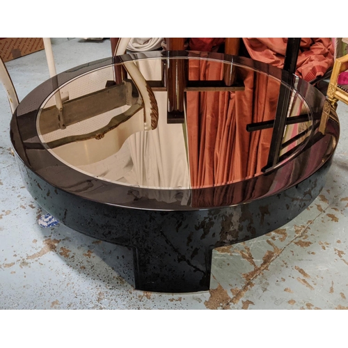 615 - LOW TABLE, 120cm diam. x 37cm H, the circular mirrored top on a high glass base.