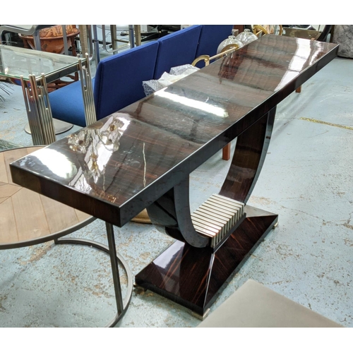 623 - CONSOLE TABLE, 40cm D x 180cm W x 86cm H, exotic wood.