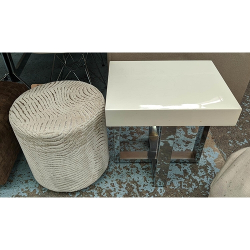 625 - CYLINDRICAL STOOL, 40cm W x 43cm H, ribbed velvet fabric along with a cream side table, 40cm D x 50c... 