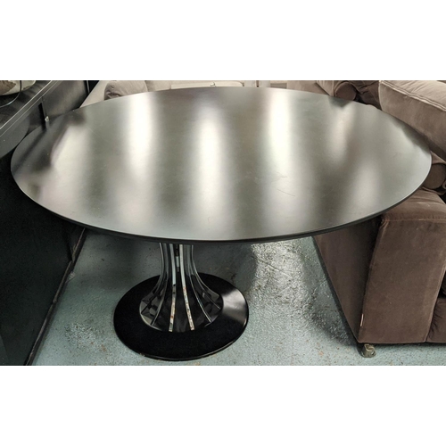 626 - CIRCULAR BLACK TOPPED DINING TABLE, 137cm wide x 76cm H, with polished metal base.