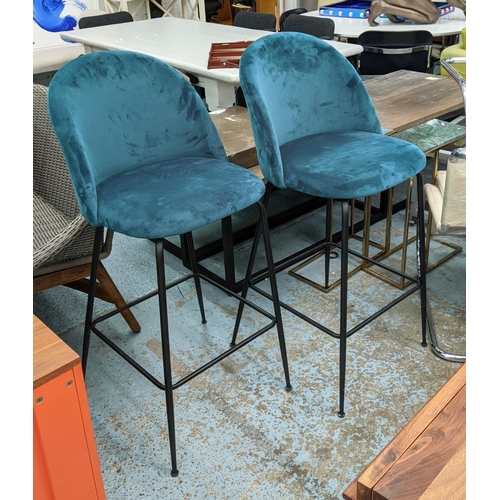 635 - BAR STOOLS, a pair, each 50cm x 107cm H, in teal velvet. (2)