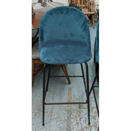 635 - BAR STOOLS, a pair, each 50cm x 107cm H, in teal velvet. (2)