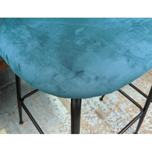 635 - BAR STOOLS, a pair, each 50cm x 107cm H, in teal velvet. (2)