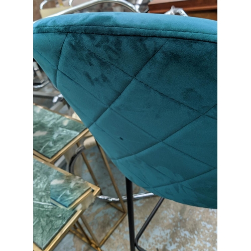 635 - BAR STOOLS, a pair, each 50cm x 107cm H, in teal velvet. (2)