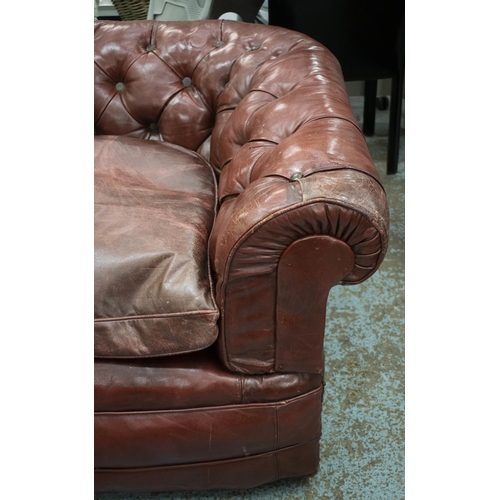 581 - CHESTERFIELD SOFA, 77cm H x 239cm x 109cm, late Victorian in old red leather.