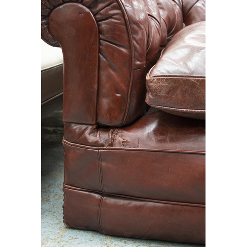 581 - CHESTERFIELD SOFA, 77cm H x 239cm x 109cm, late Victorian in old red leather.