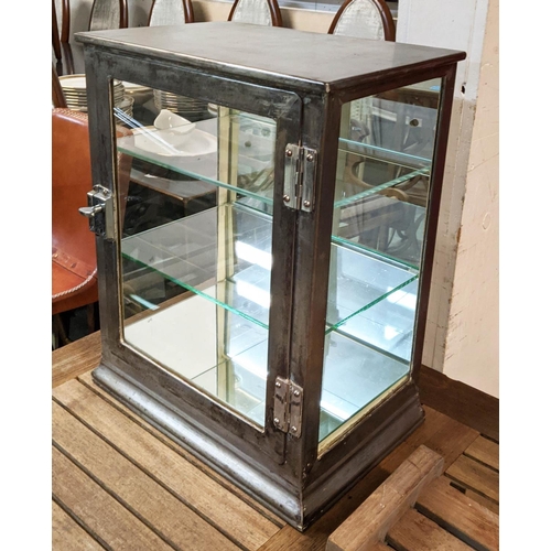 592 - TABLE TOP CABINET, 40cm x 26cm x 51cm, stripped metal construction, glazed panels, two glass shelves... 