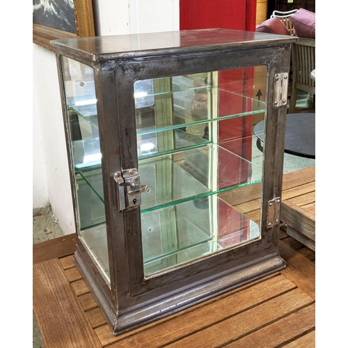 592 - TABLE TOP CABINET, 40cm x 26cm x 51cm, stripped metal construction, glazed panels, two glass shelves... 