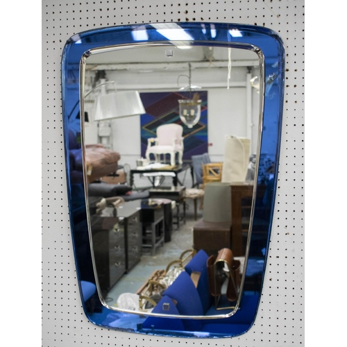 594 - WALL MIRROR, 80cm H x 57cm W, circa 1950's, Italian with blue glass border.