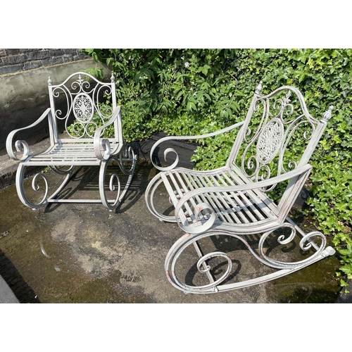 595 - GARDEN ROCKING CHAIRS, a pair, regency style, white painted metal, 88x64x90. (2)