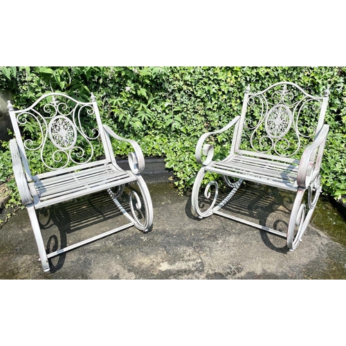 595 - GARDEN ROCKING CHAIRS, a pair, regency style, white painted metal, 88x64x90. (2)