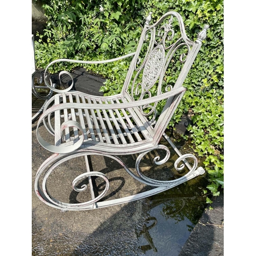 595 - GARDEN ROCKING CHAIRS, a pair, regency style, white painted metal, 88x64x90. (2)