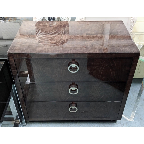 606 - DAVIDSON SIDE CHEST, three drawers, 75cm W x 45cm D x 71cm H, high gloss wood.