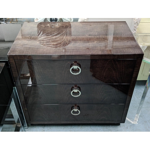 606 - DAVIDSON SIDE CHEST, three drawers, 75cm W x 45cm D x 71cm H, high gloss wood.