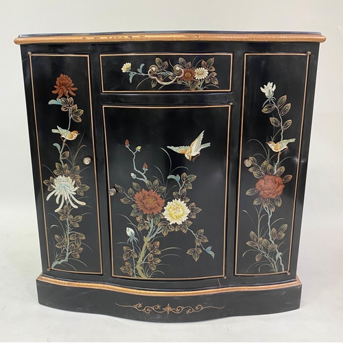 156 - SIDE CABINET, bowfront, lacquered and gilt Chinoiserie decorated, with drawer and three doors, 80cm ... 