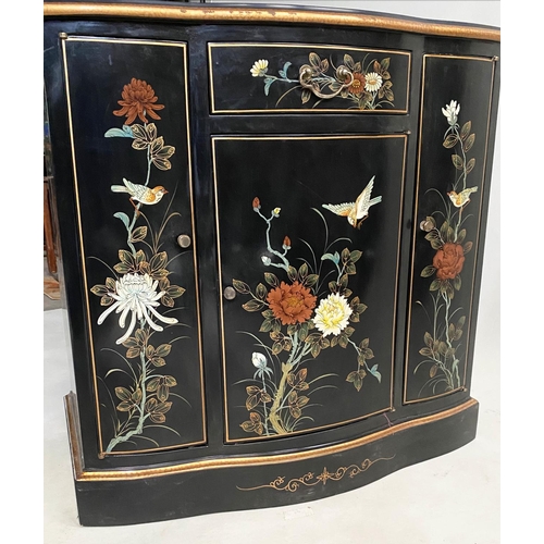 156 - SIDE CABINET, bowfront, lacquered and gilt Chinoiserie decorated, with drawer and three doors, 80cm ... 