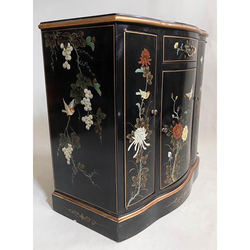 156 - SIDE CABINET, bowfront, lacquered and gilt Chinoiserie decorated, with drawer and three doors, 80cm ... 