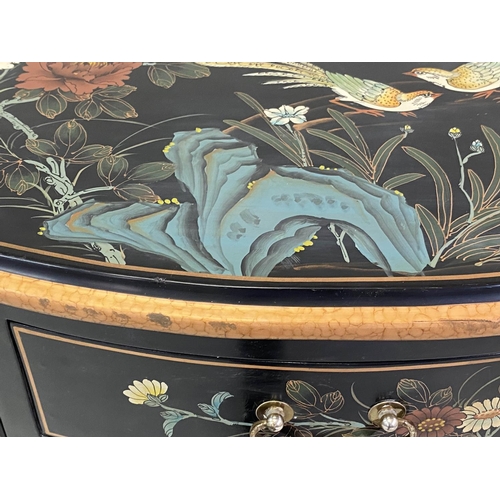 156 - SIDE CABINET, bowfront, lacquered and gilt Chinoiserie decorated, with drawer and three doors, 80cm ... 