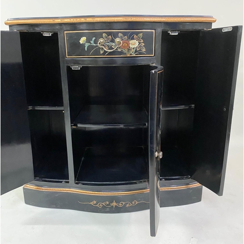 156 - SIDE CABINET, bowfront, lacquered and gilt Chinoiserie decorated, with drawer and three doors, 80cm ... 