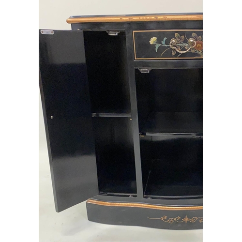 156 - SIDE CABINET, bowfront, lacquered and gilt Chinoiserie decorated, with drawer and three doors, 80cm ... 