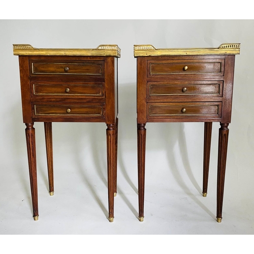 158 - BEDSIDE CHESTS,  a pair, French Louis XVI style mahogany and brass bound with galleried marble tops ... 