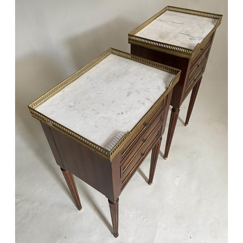 158 - BEDSIDE CHESTS,  a pair, French Louis XVI style mahogany and brass bound with galleried marble tops ... 