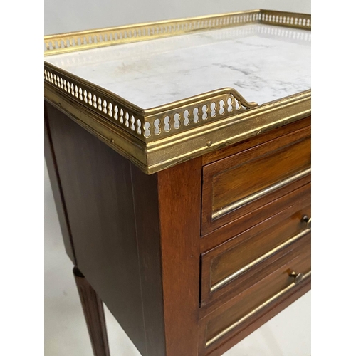 158 - BEDSIDE CHESTS,  a pair, French Louis XVI style mahogany and brass bound with galleried marble tops ... 