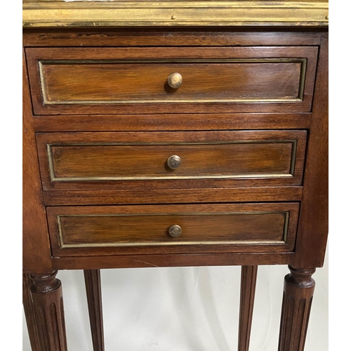 158 - BEDSIDE CHESTS,  a pair, French Louis XVI style mahogany and brass bound with galleried marble tops ... 