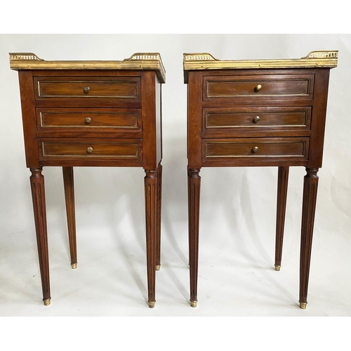 158 - BEDSIDE CHESTS,  a pair, French Louis XVI style mahogany and brass bound with galleried marble tops ... 